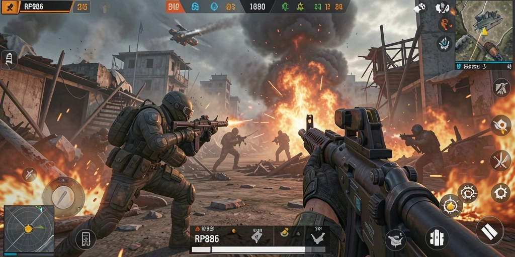 Menampilkan aksi seru dalam pertempuran FPS yang mendebarkan.