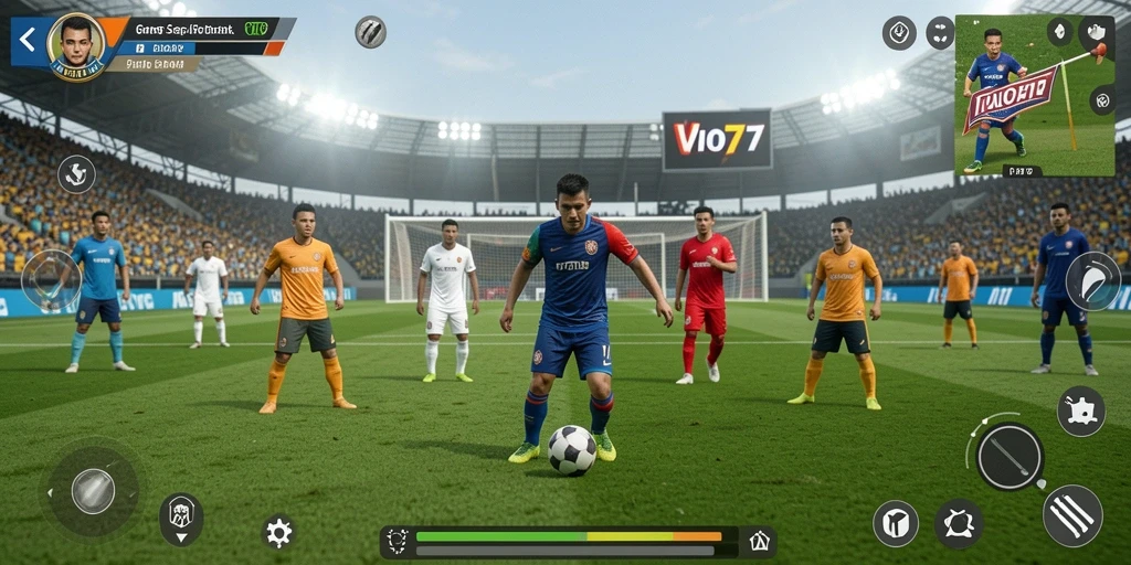 Tampilan seru gameplay dalam VIO77 yang menggambarkan pertandingan sepak bola.